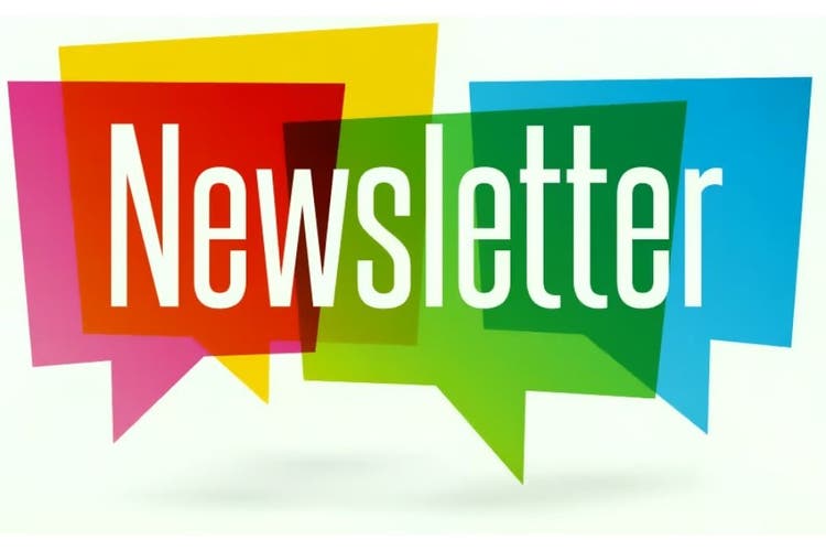 The word Newsletter in white text with colourful speech bubbles behind